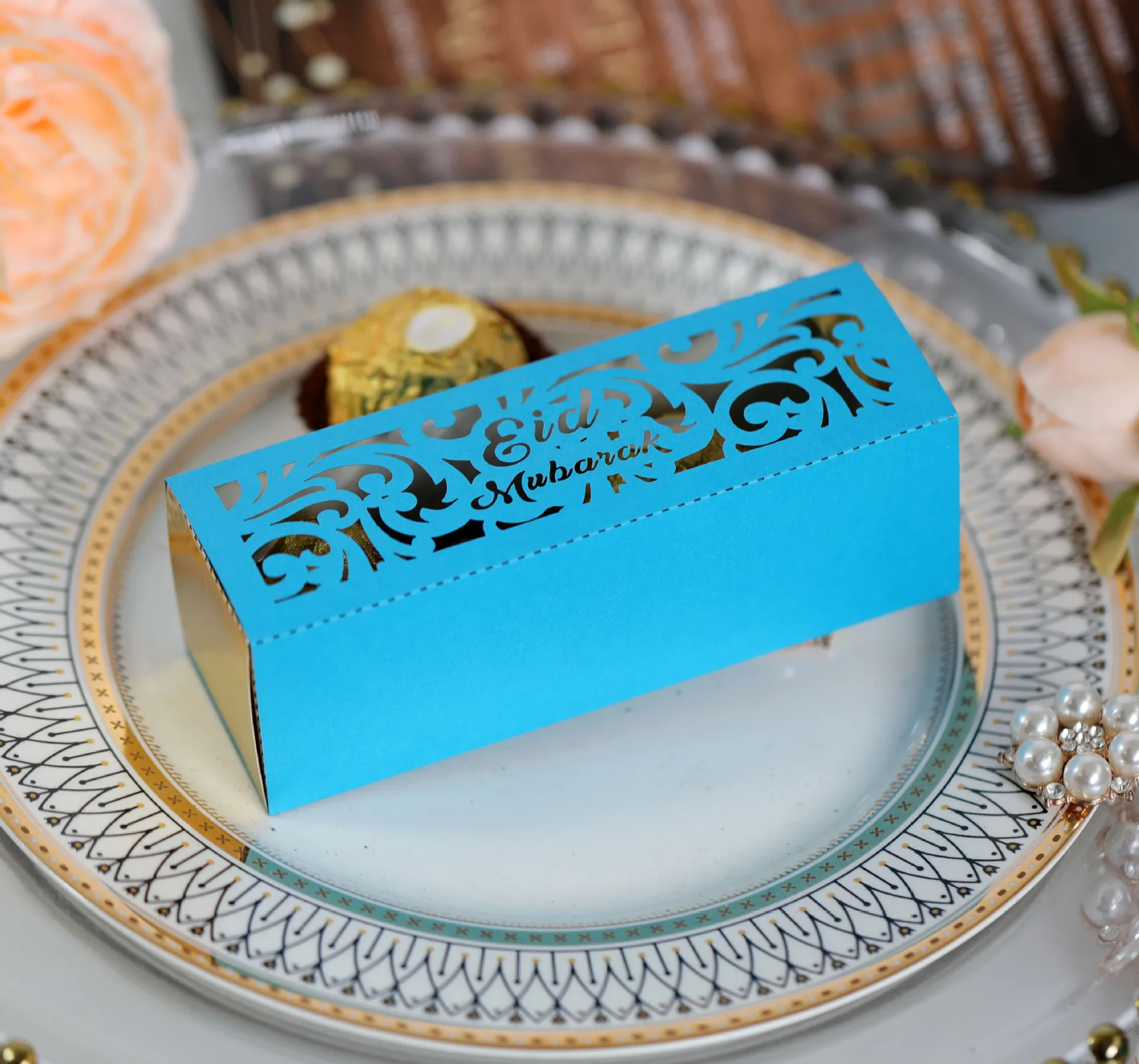 Hot Sales Rectangle Eid Mubarak Laser Cut Chocolate Paper Gift Box Candy Sweet Favor Box