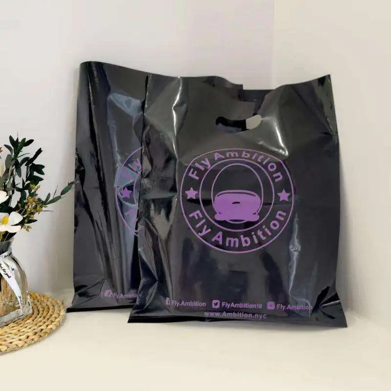 Custom logo printed fold plastic black thank you die cut handle carry shopping packaging bags for boutique retail shopping