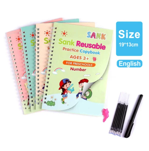 4 Books Sank Magic Copybook Reusable Groove Writing Practice Book Calligraphy Wipe-free English/Arabic Early Education