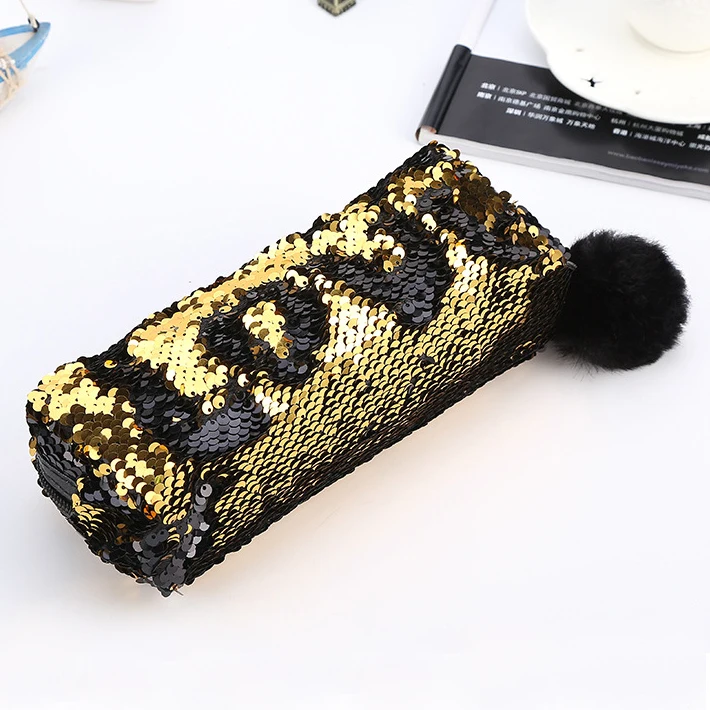 Glitter Cosmetic Bag Mermaid Spiral Reversible Sequin Students Pencil Case Girls Women Handbag Purse Make Up Pouch Pompon Zip