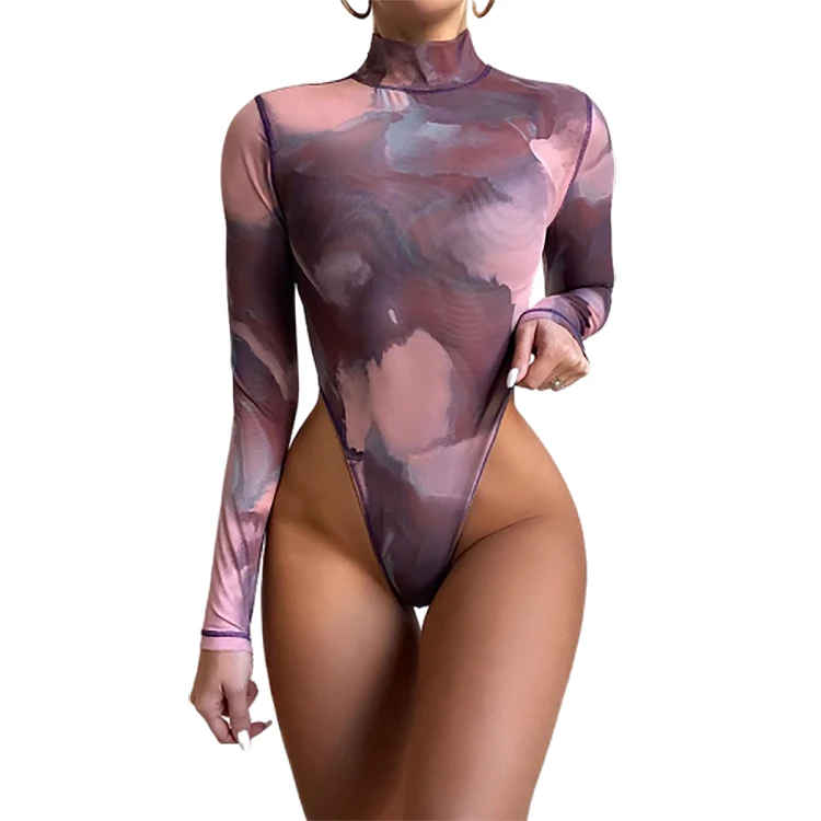 Ladies Sexy Casual Rompers Sexy Mock Neck Long Sleeve Slim Fitted One Piece Bodysuits Jumpsuit Women Tie Dye Bodysuit