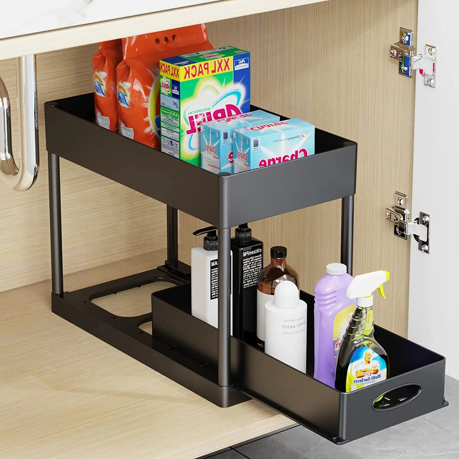 New Arrival  2 Tier Black Under Sliding Cabinet Basket Cabinet Bathroom Sink Storage Organizers