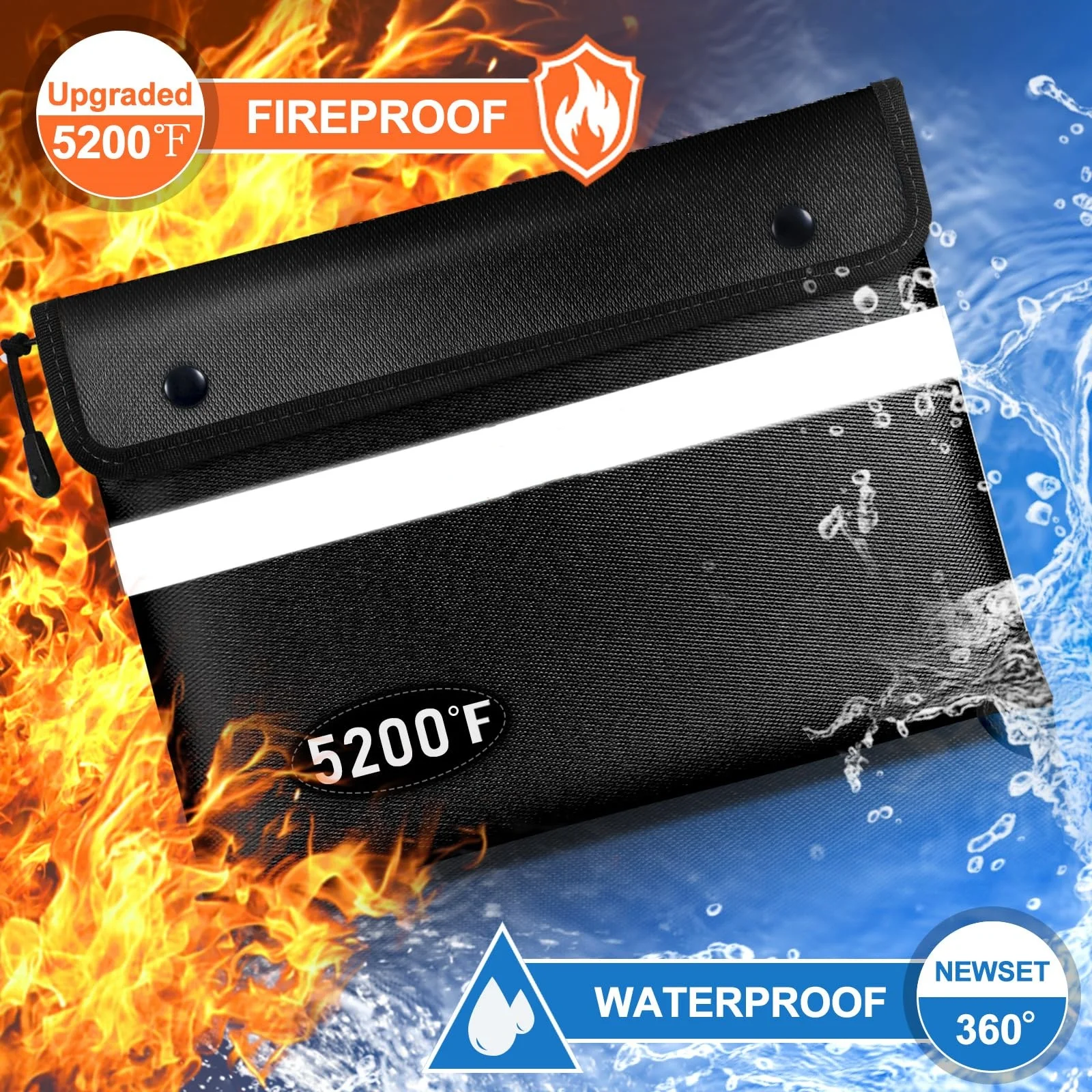 Upgraded 5200F Fireproof Document Bag Heat Insulated Reflective Strip for Fast Find Water Resistant Fireproof Money Bag