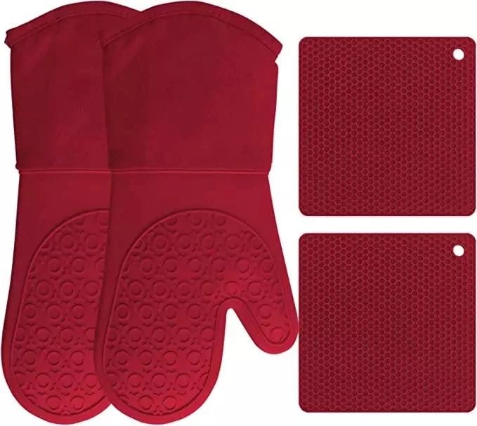 Oven Mitt Set Silicone Kitchen Accessories - Extra Large Bbq Gloves Waterproof Silicone Cooking Long Gloves
