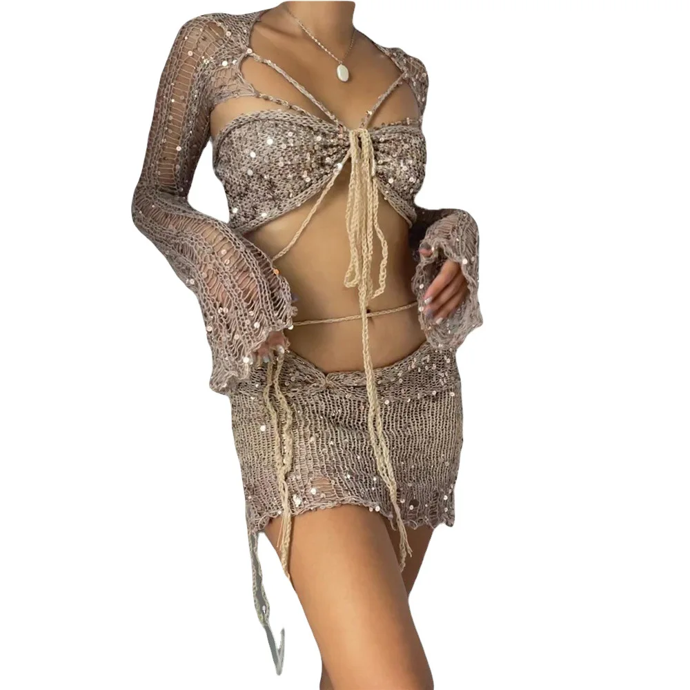 W-S1165A Crochet Knitted Dress Two Piece Skirt Sets Summer Women Clothes Sexy Crop Tops Elegant Knit Sequin Dress 2 Piece Set