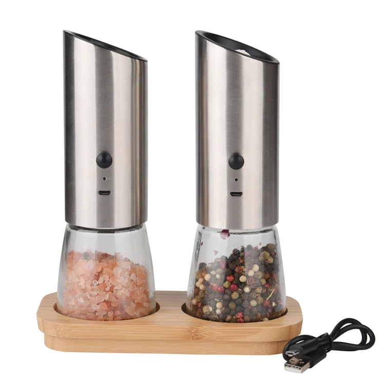 USB Rechargeable Gravity Salt and Pepper Grinder Set Stainless steel Adjustable Electric Pepper Mills Set with Bamboo Base