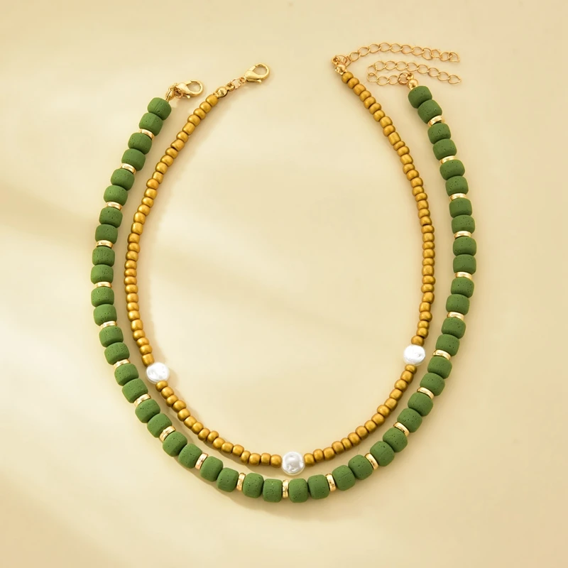 2022 New Design Style Polymer Clay Chokers Gold Glass Rice Double Layer Pendant Necklace For Women