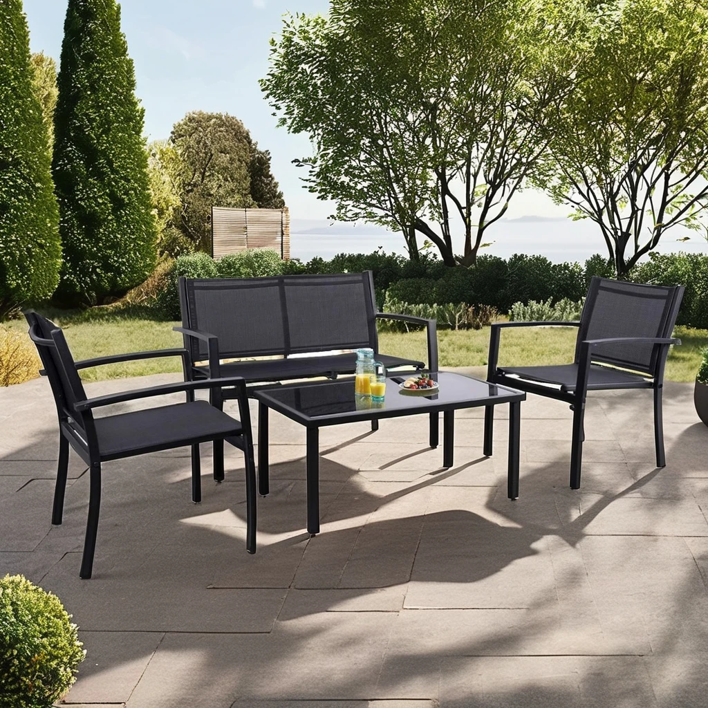4 Pieces Outdoor Patio Furniture Set Conversation Set Black Sling Fabric Bistro Conversation Sofa Set with Loveseat for Balcony