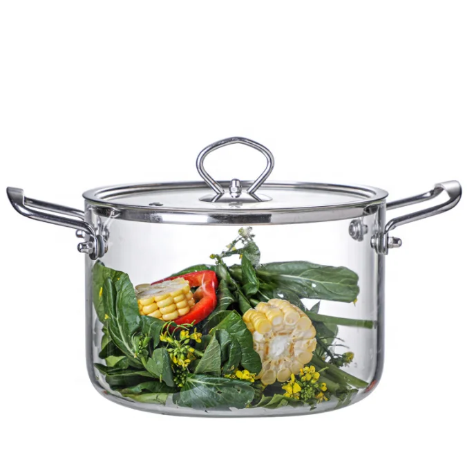 Hot selling big size clear double-ear cooking pot glass cookware set with stainless steel lid