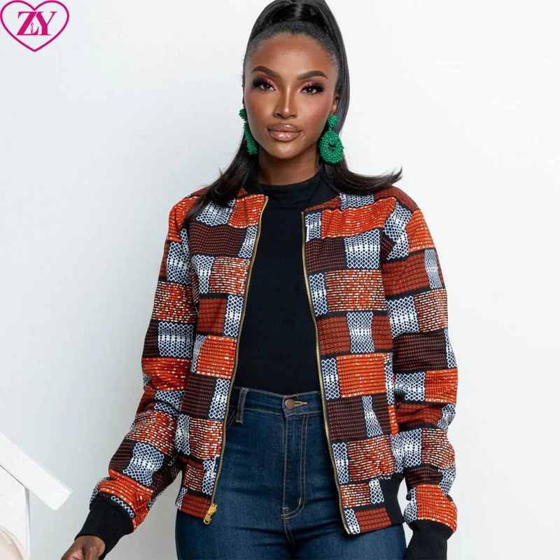 New Arrival women Kente print bomber jacket African ankara zipper up bomber jacket