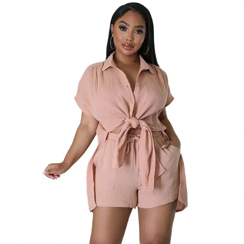 European and American clothing 2024 Amazon summer new cotton and linen solid color shirt short-sleeved casual shorts suit