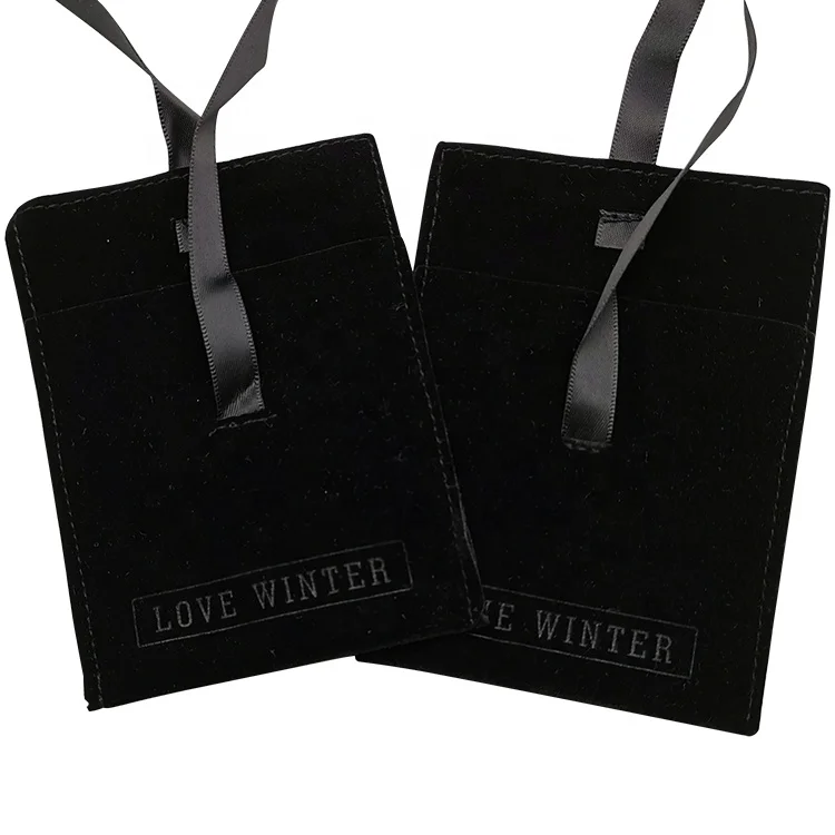 Custom Embossed Logo Small Jewelry Packaging Pouch Black Velvet Bag Suede Jewelry Envelopes Pouch Jewelry Organizer With Bow