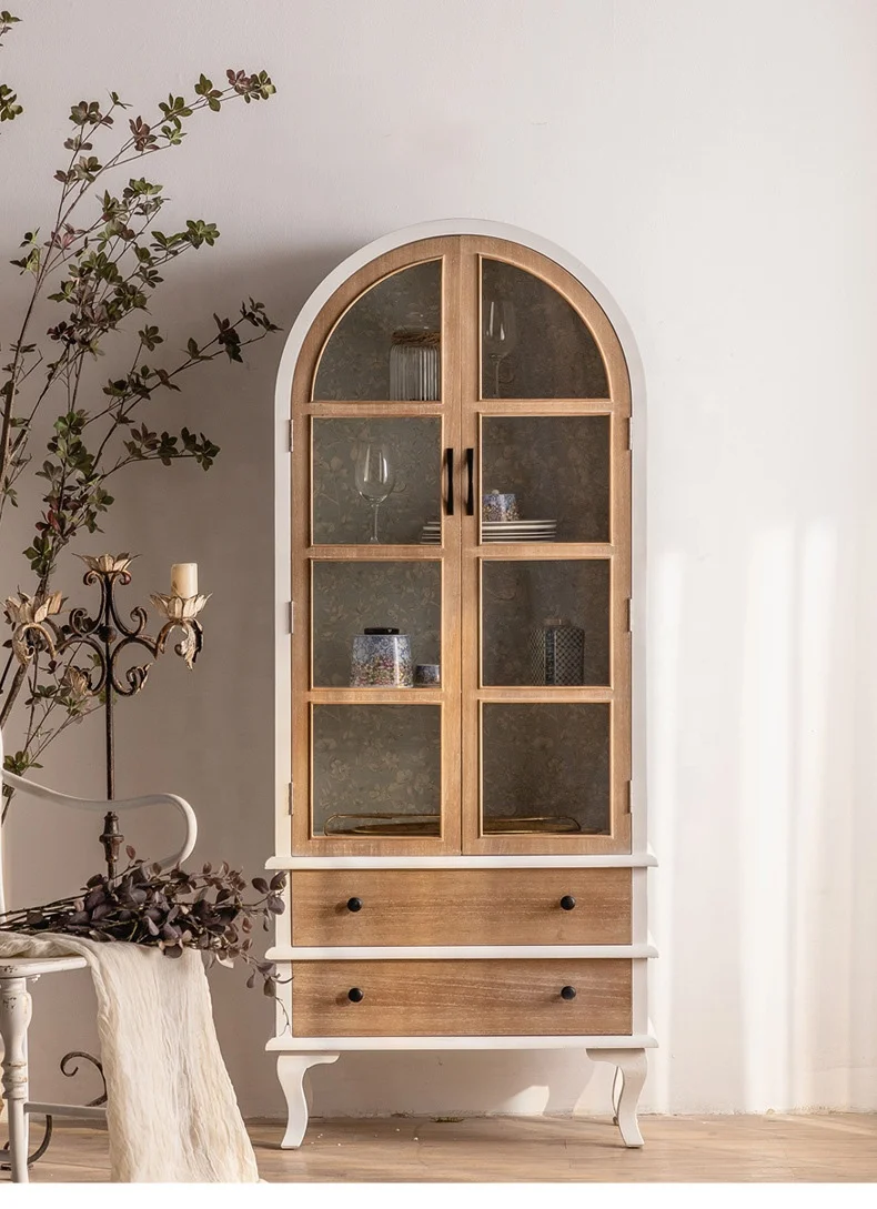 France style retro arched against the wall 2 glass door livingroom sideboard wood furniture storage cabinet
