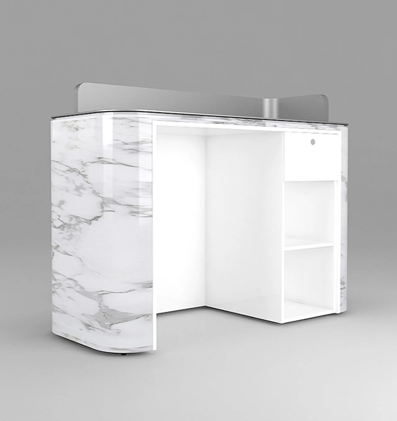 Paint Salon Beauty Reception Counter Laminate Silver Curved Luxury 1 Piece Reception Desk Wood Office Furniture Mini Marble