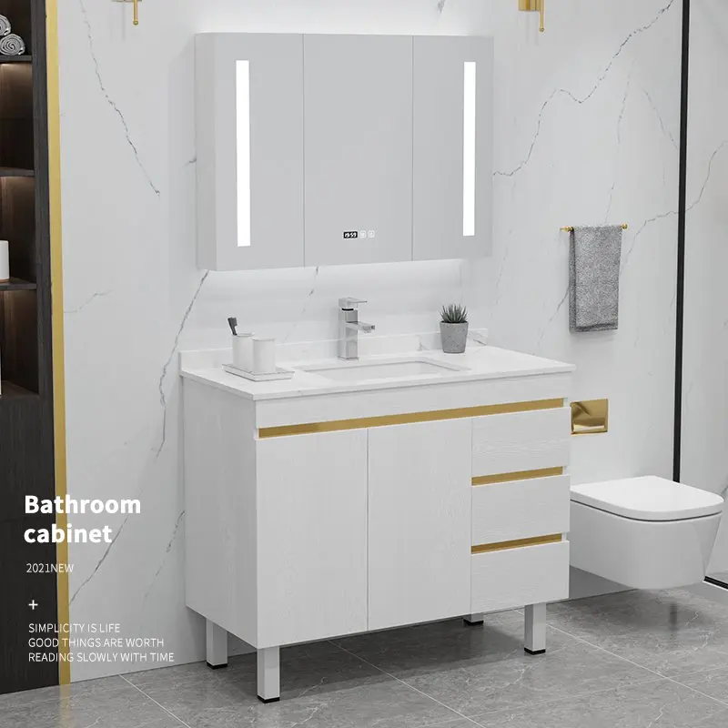 Hotel Washroom Furniture Luxury Solid Wood Floor Mount Bathroom Vanity Units Waterproof Bathroom Cabinet with Smart Mirror