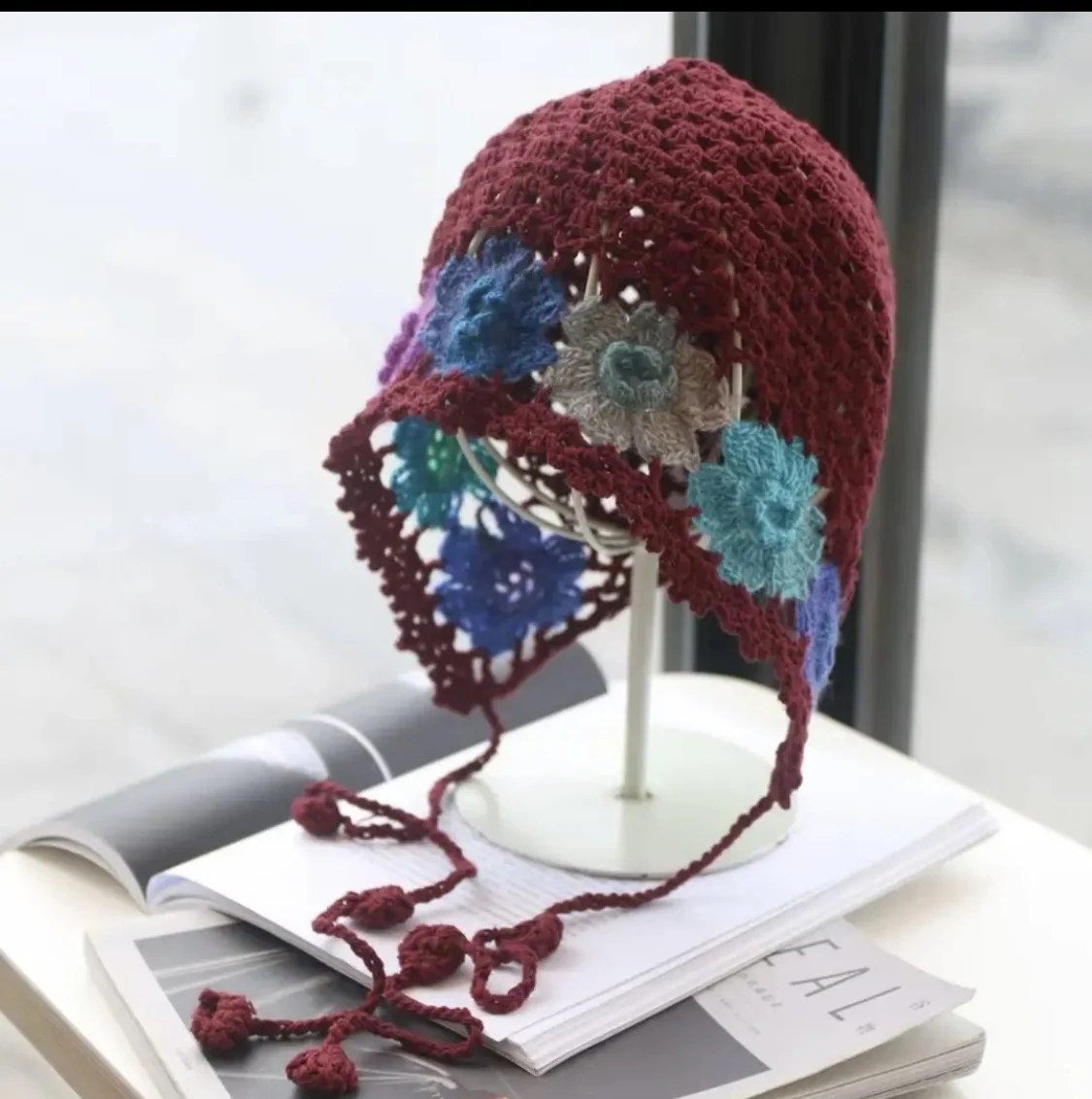 Fashionable Handmade Cotton Knitted Flower Hats Women Beanie Crochet Floral Net Mesh Rasta Hat
