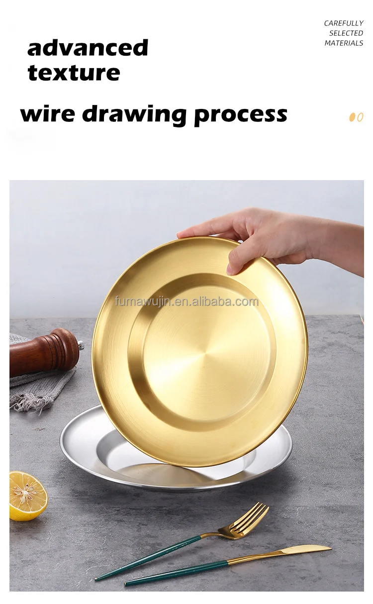 Luxury cutlery set stainless steel silver gold color hotel plates dishes with deep bottom metal plates for food