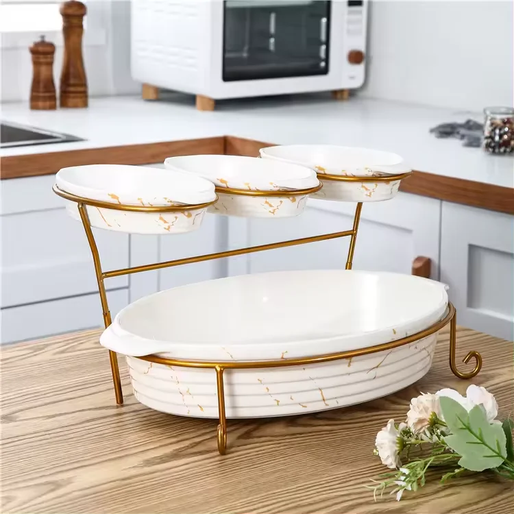 Wholesale hot sell factory custom luxury gold double stand striped print design with handle snack fruit ceramic plates