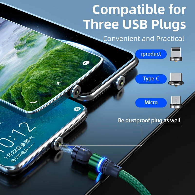  Wholesale on stock magnetic charging cable 3 in 1 nylon braided 540 rotation mobile phone