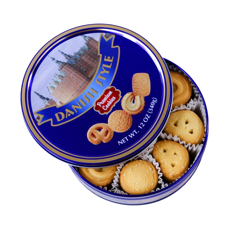 Vegetarian halal digestive bourbon biscuits and cookies custom New design blue round tin wholesale butter cookies