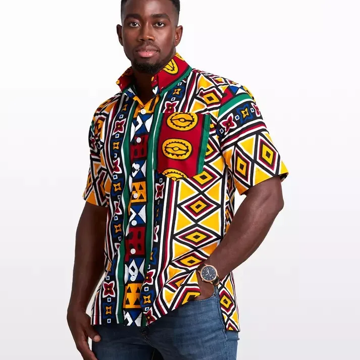 
 Новая африканская дизайнерская модная мужская африканская рубашка Kente с коротким рукавом Мужская африканская одежда  