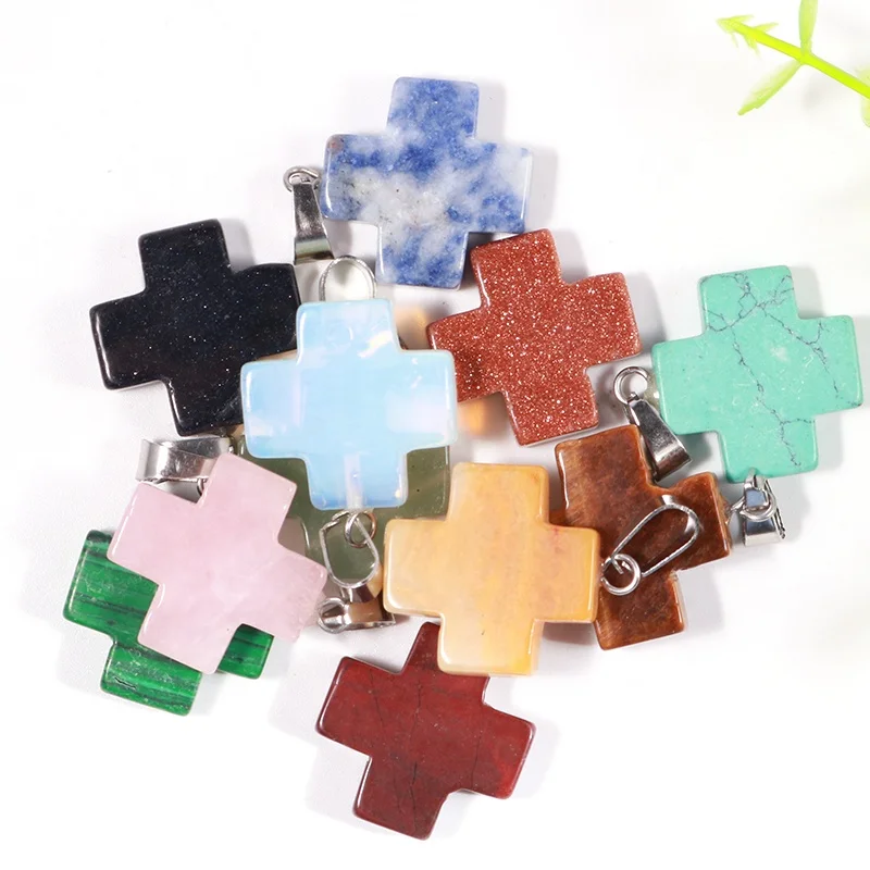 Fashion Natural Stone Crystal Healing Cross Pendant Necklace Jewelry Gemstone Cross Pendants For Jewelry Making