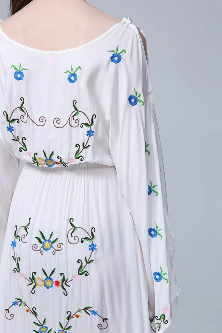 2022 Women's Floral Embroidery Loose Dress Long Sleeve Ruffles Chic Vintage Maxi Dress White Ethnic Party Elegant Dress Vest