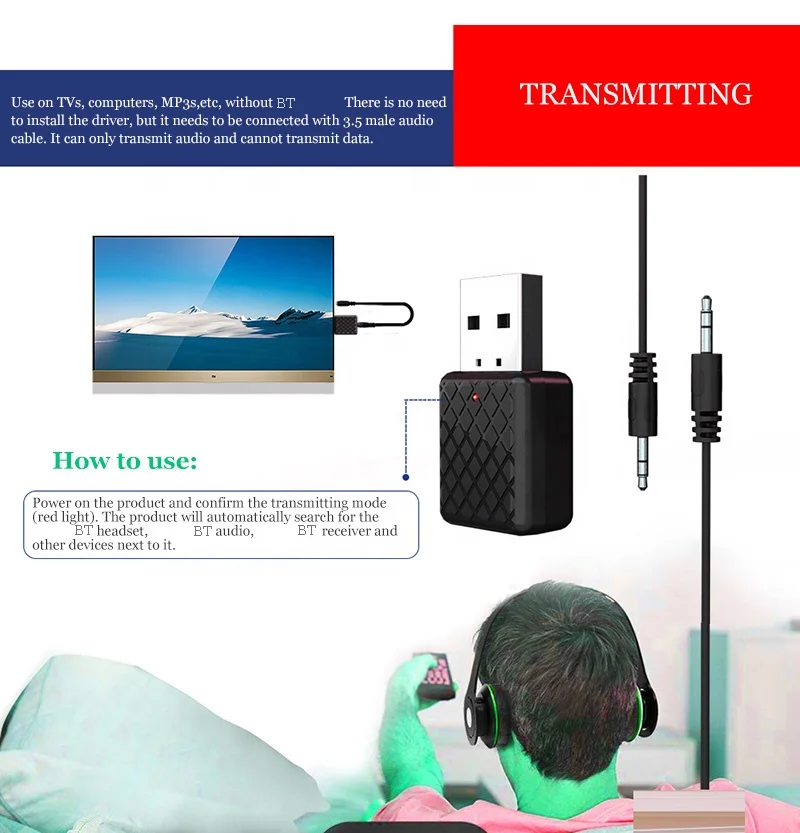 2 in 1 Wireless BT 5.0 Stereo Audio Receiver Transmitter 3.5mm AUX Adapter for TV PC Car Headset Music Speaker