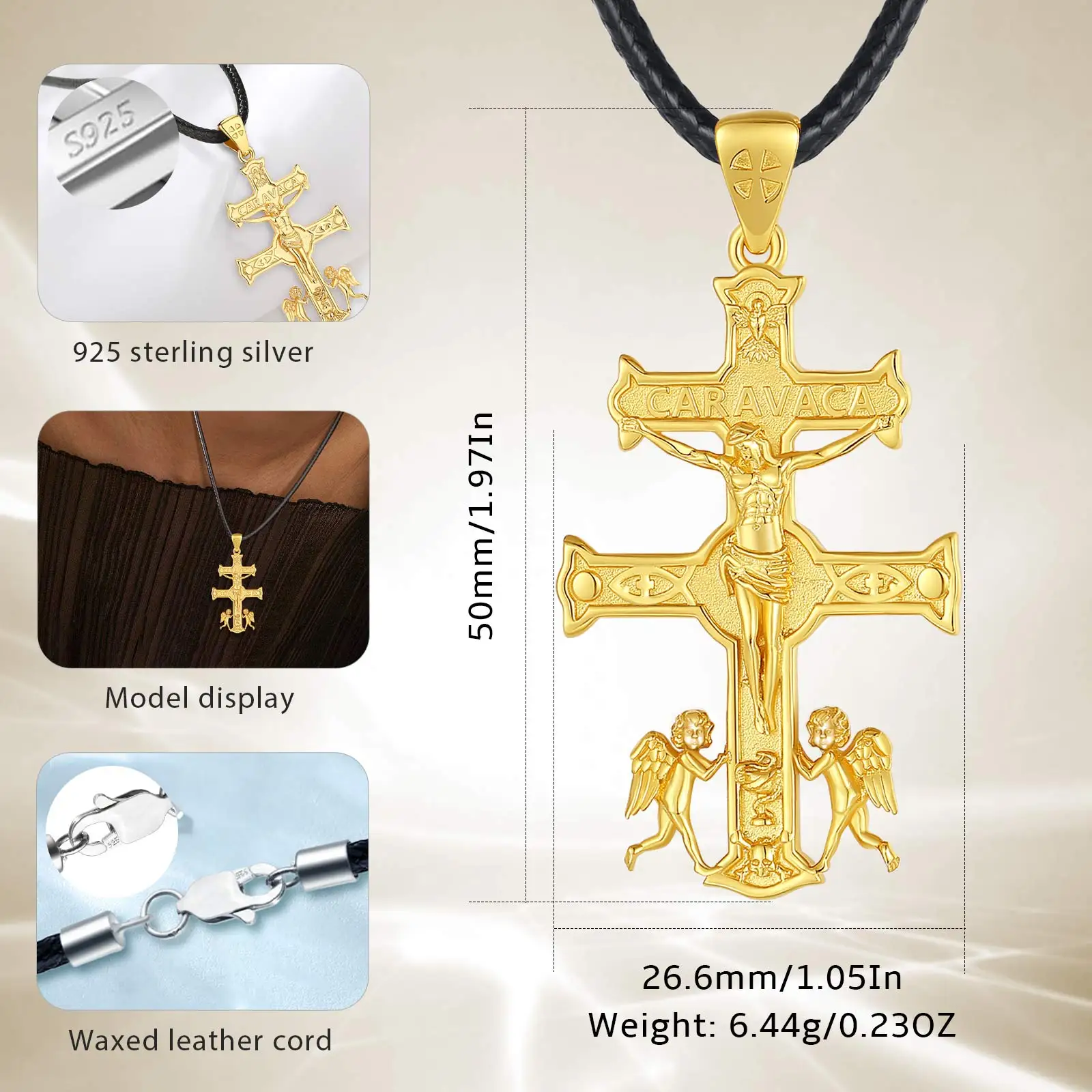 Merryshine Christian Amulet Religious Jewelry Jesus 925 Sterling Silver Double Cross Crucifix Caravaca Necklace for Men