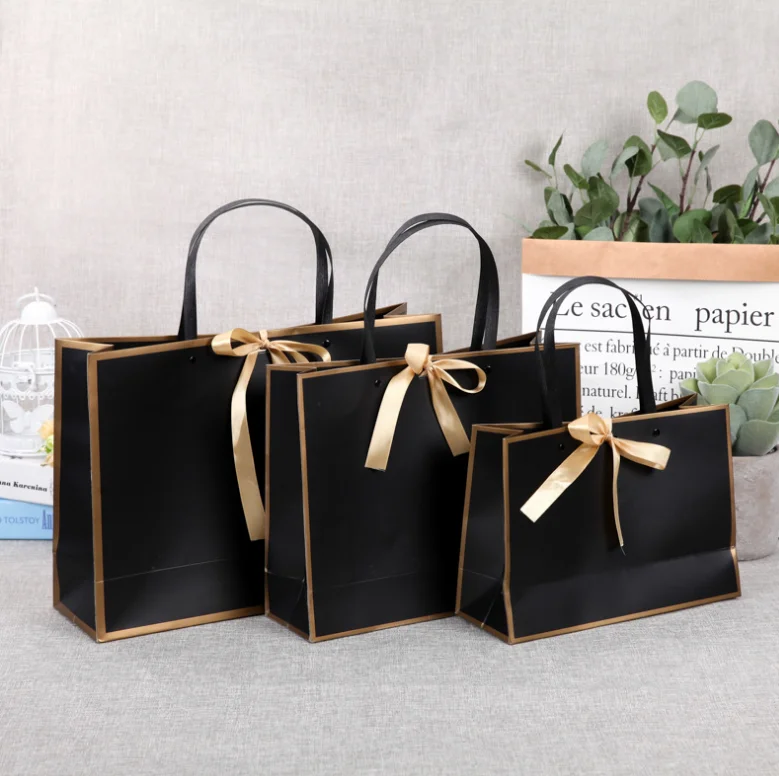 
Custom Logo White Gift Bag Pink Shopping Bag Black Paper Bag With Ribbon Closure 