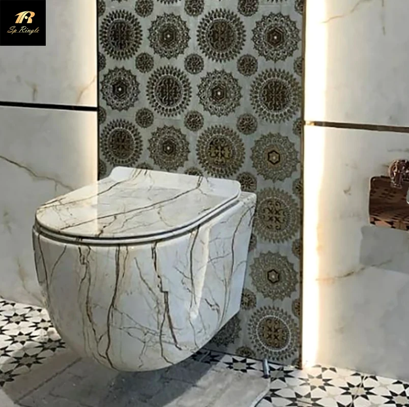  European style simple flush luxury bathroom pedestal basin wall-mounted marble toilet
