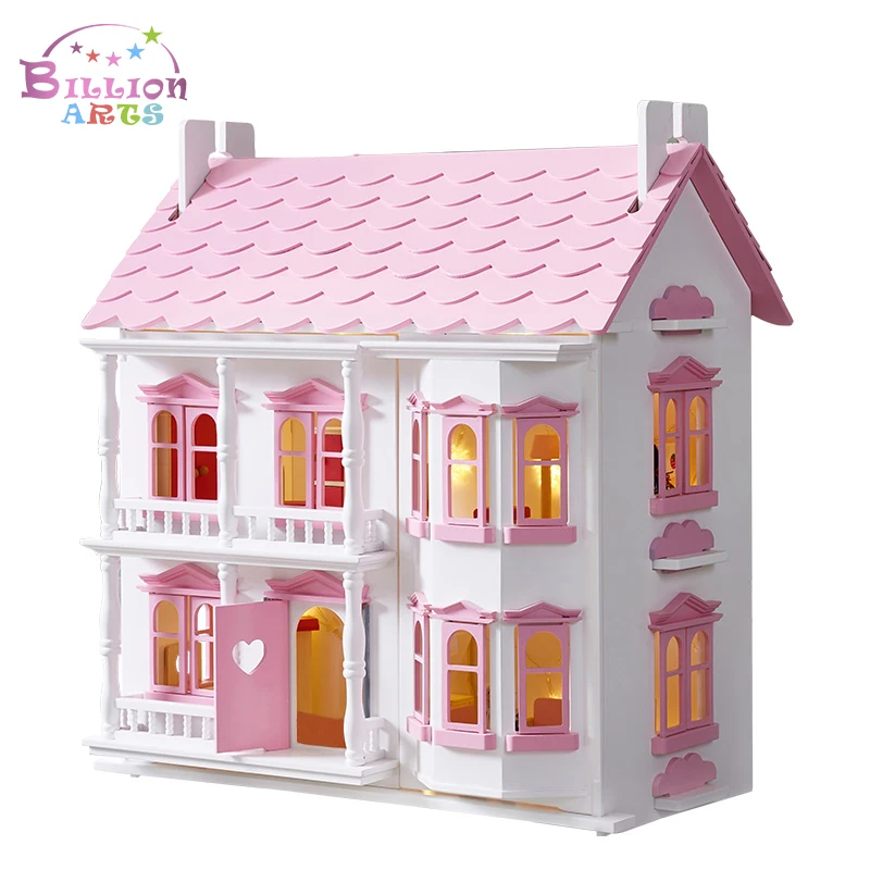 Pretend role play toys wooden  doll house with light kids toys light dollhouse wood light doll house toy for girls
