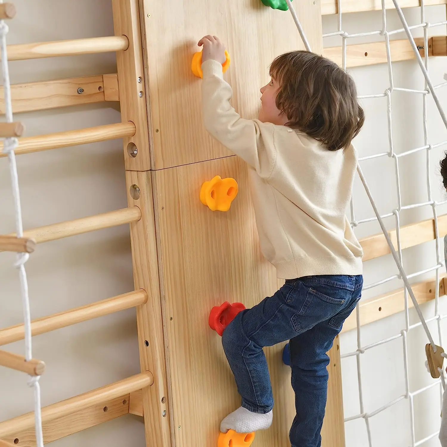 Indoor Montessori Playground  9-in-1 Swedish Kids Ladder Wall Gym Set With Rock Climbing And Pullup Bars