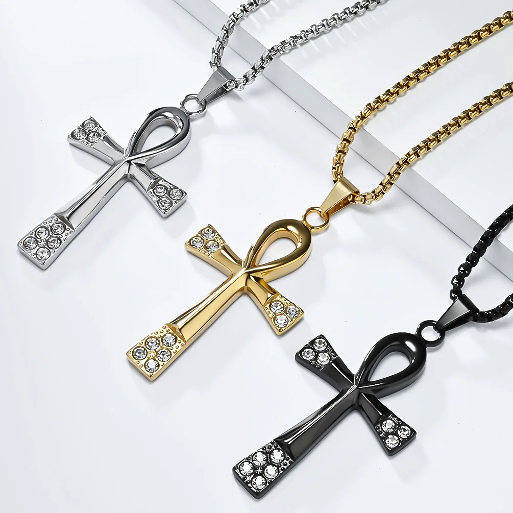 KOMI Mens Cross Necklace Ancient Egyptian Symbol of Life Stainless Steel Ankh Cross Pendant Necklace for men 24 Inches Box Chain