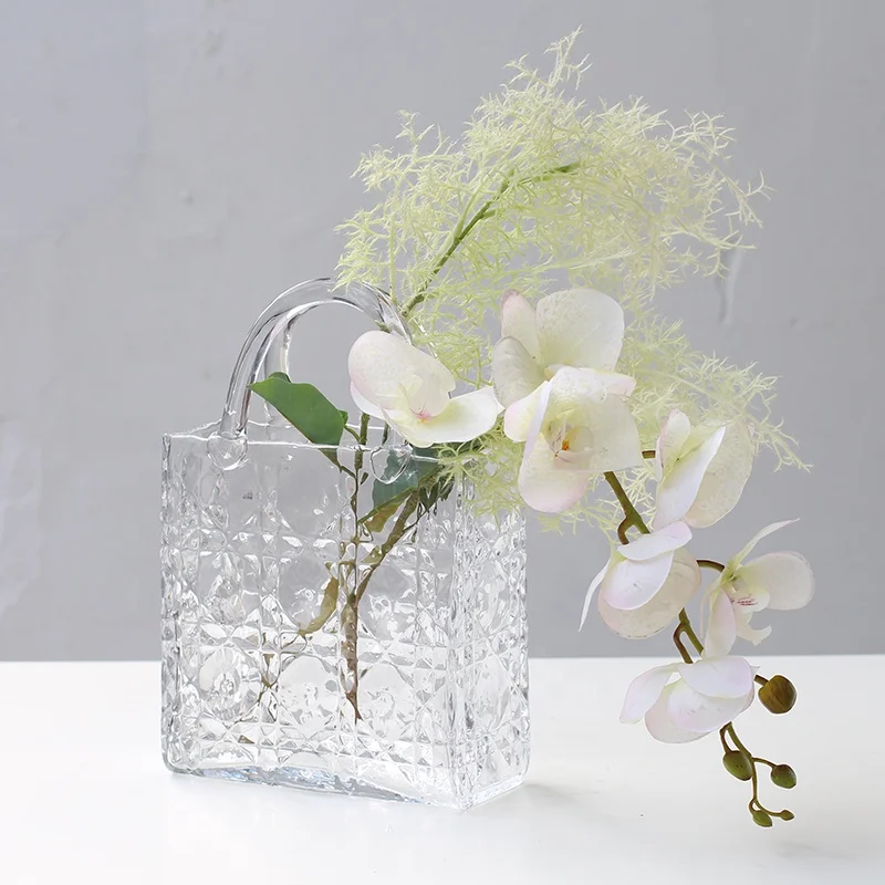 Bixuan Cuboid Hand Bag Vase Modern Flower Arrangement Purse Vase Unique Fishbowl Table Decor Gift Diamond Pattern Glass Vases