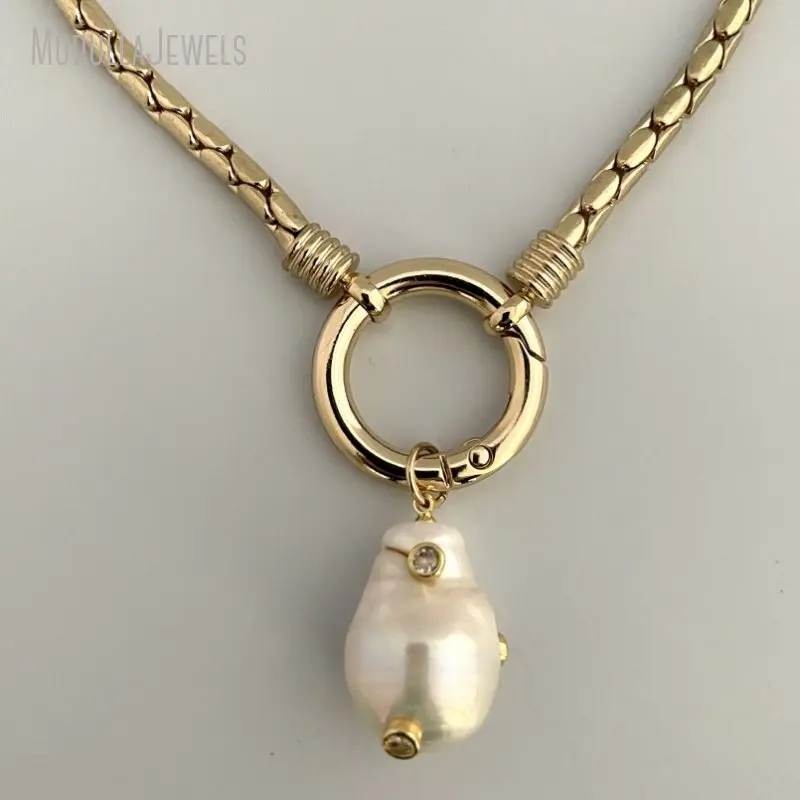 NM42678 Gold Plated Snake Chain Necklace Baroque Pearl Pendant Thick Snake Chain Spring Lock Clasp Carabiner CZ Pearl Pendant