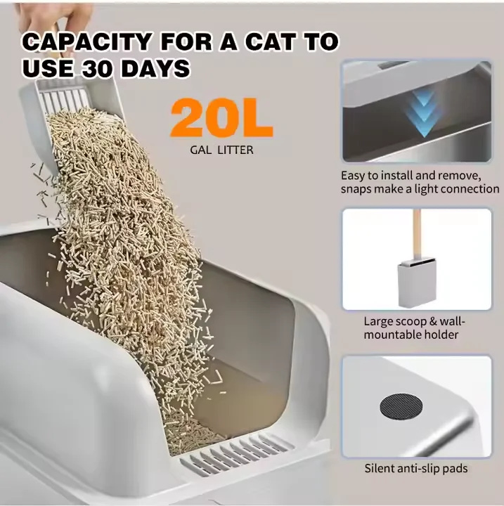 2024 Easy Install Large Stainless Steel Foldable Cat Toilet Pet Cleaning Litter Box with Plastic Accessories