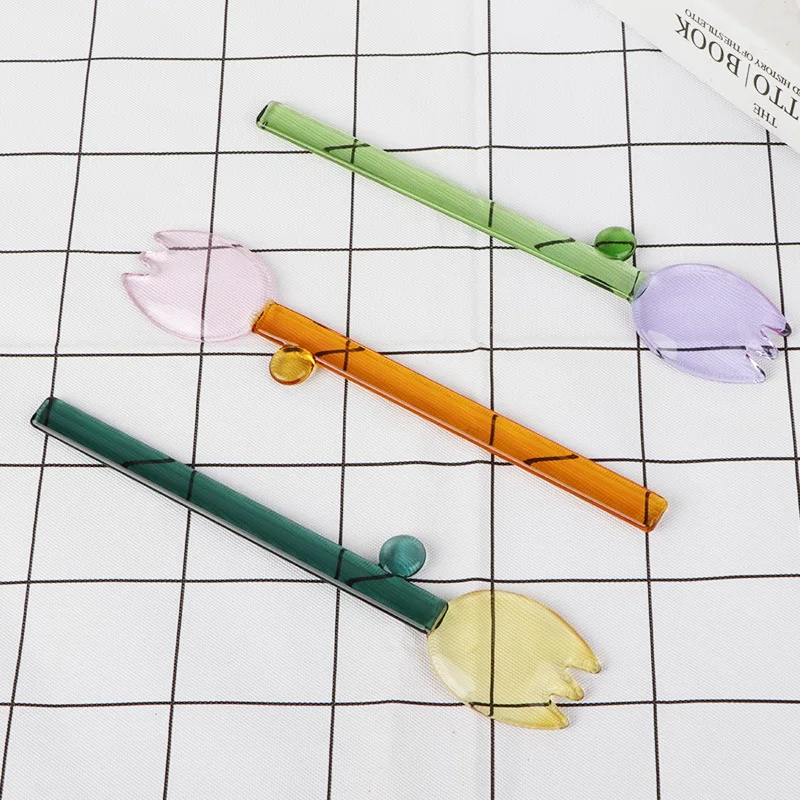 Custom Colorful Borosilicate glass spoon Yogurt Green Pink Reusable ice cream spoon long handle stirring coffee spoon dessert