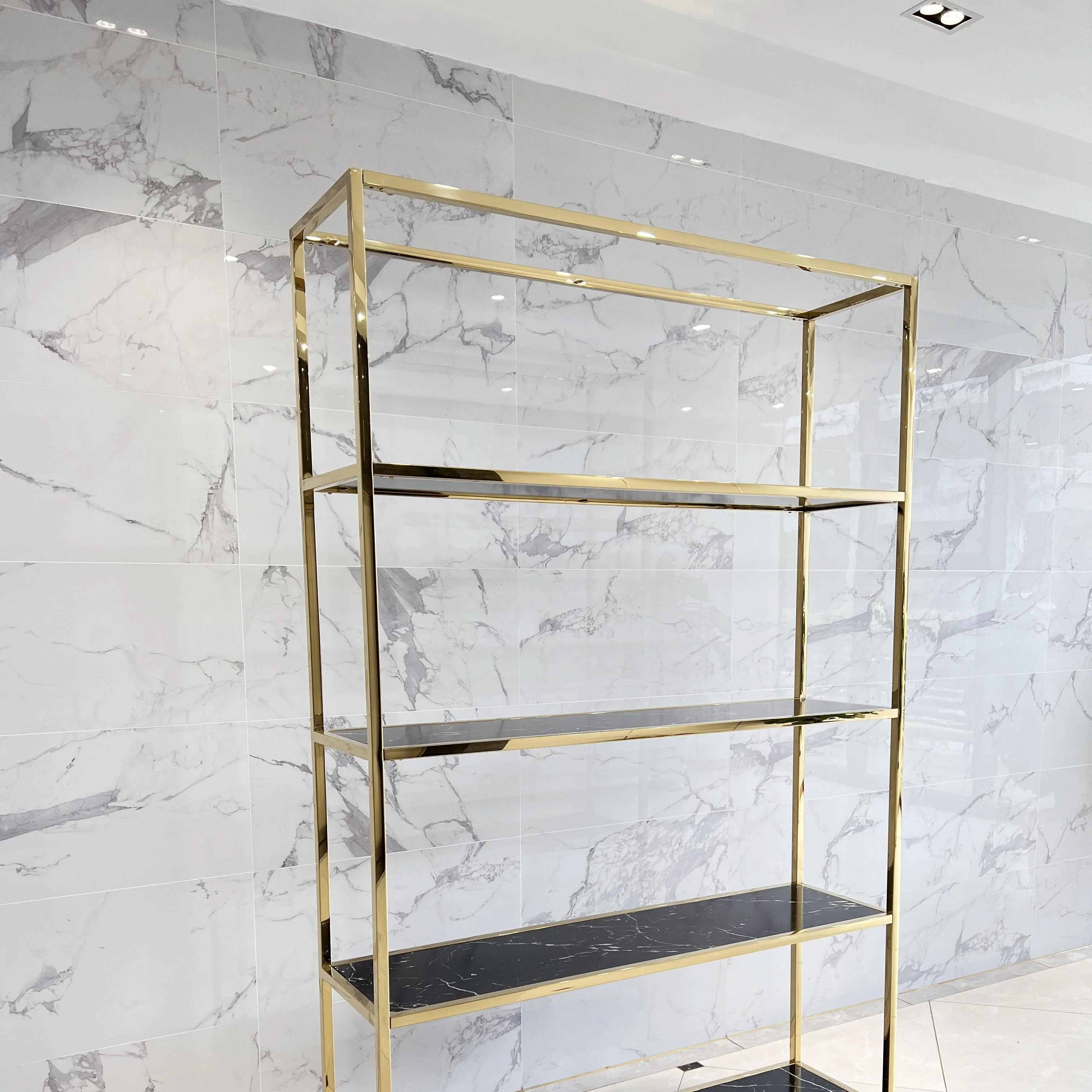 Large 4-Layer Stainless Steel Gold Marbling tiered space saving cloth lingerie shoe showroom display rack for handbags retail