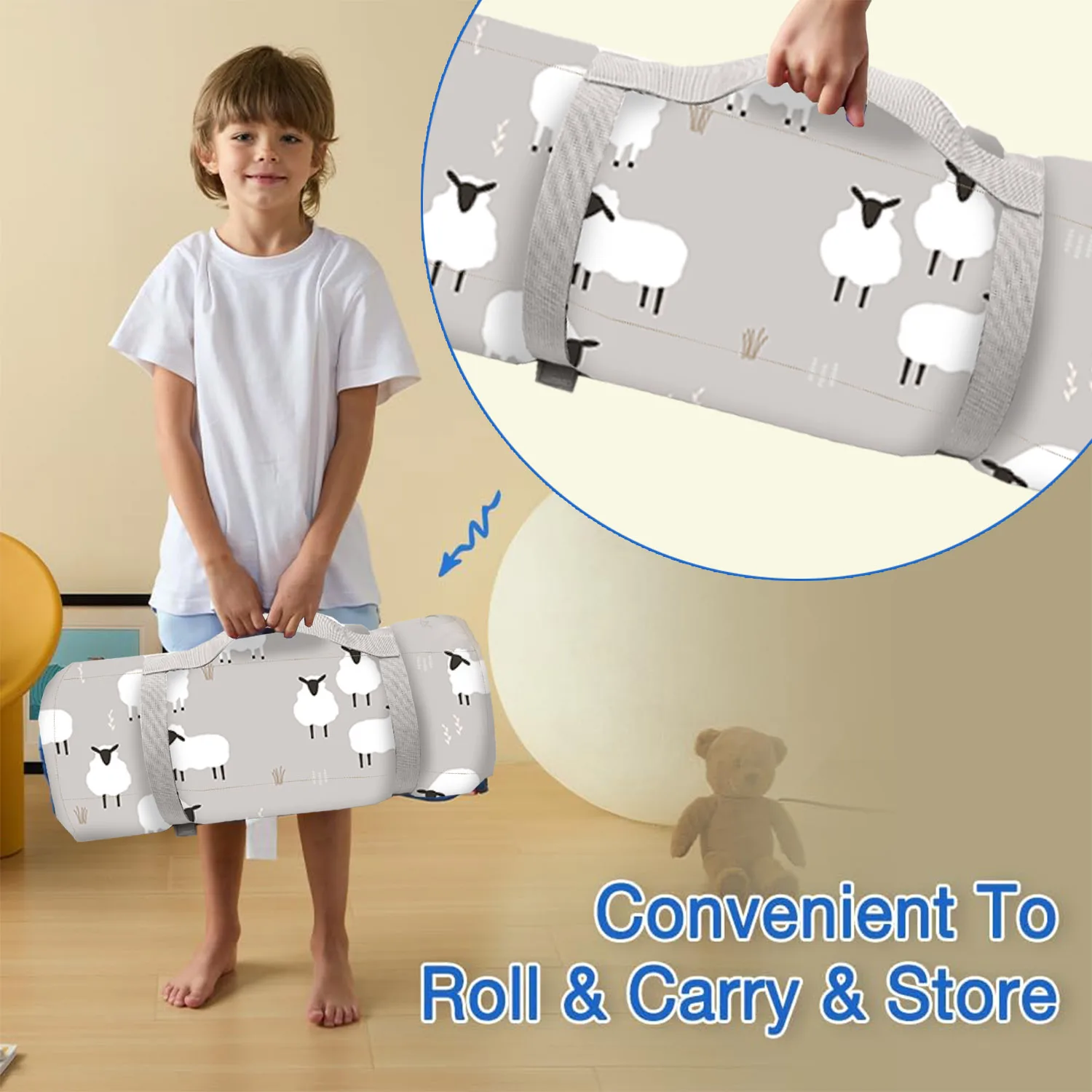 Baby Printed Eco-friendly 3 in 1 Portable and Foldable Toddler Nap Mats with Pillow Kid Daycare Nap Mat Sleeping for Preschool