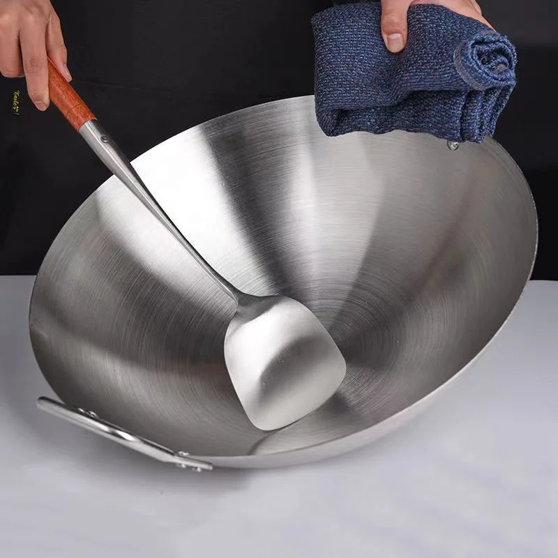 Traditional Cookware Wok  Restaurant Cooking Chinese Double Handle Stainless Steel  Kitchen Practical Extra Large Wok Pan