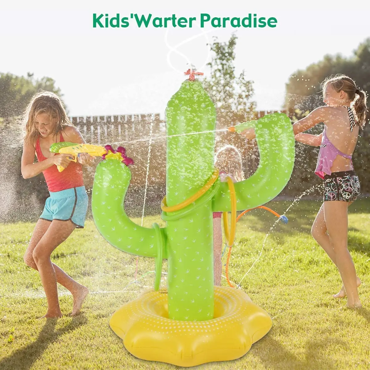 Summer Water Fun Inflatable Cactus Sprinkler Toys  For Kids  Giant Cactus Ring Toss Game Water Splash Toy