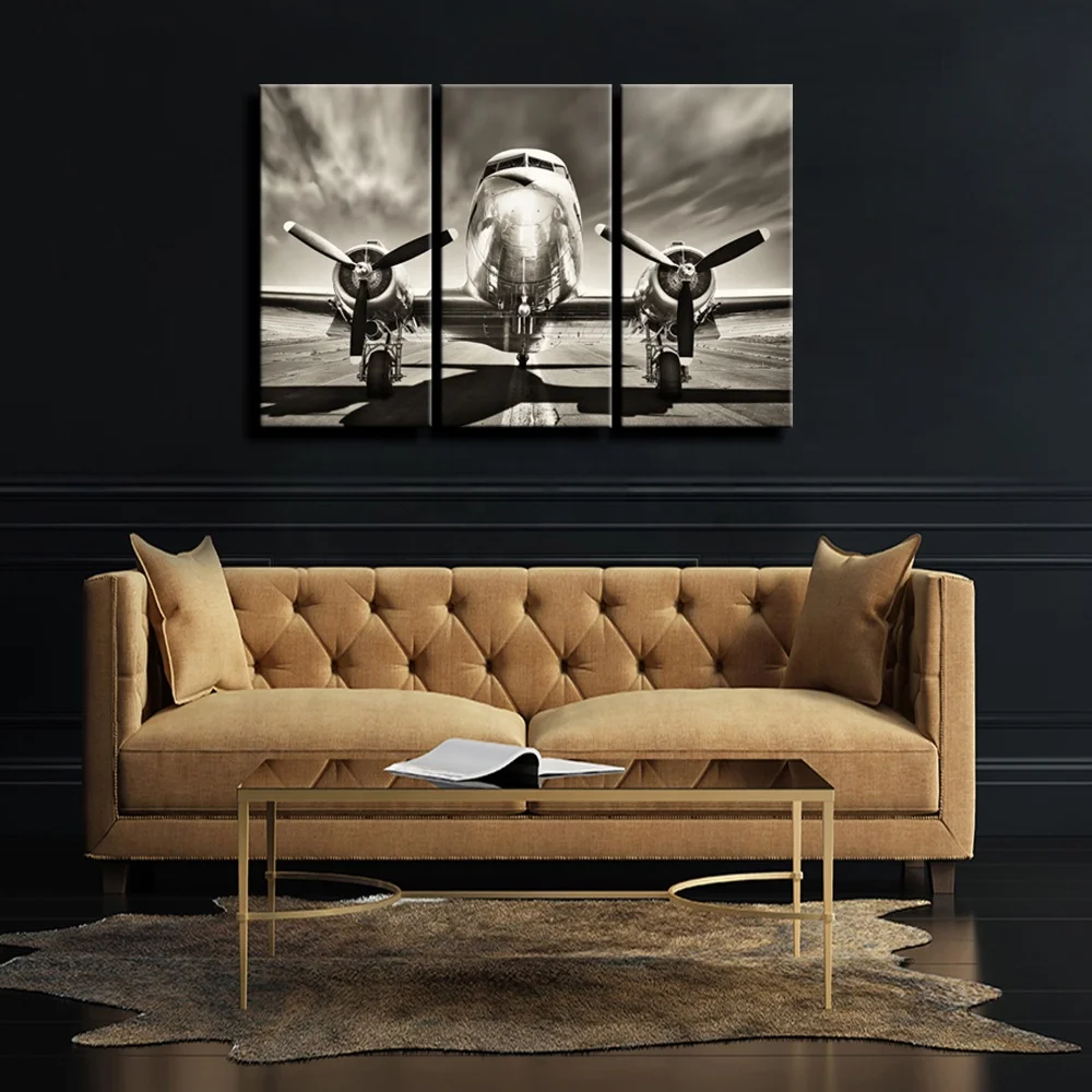 Винтажная Настенная картина в виде самолета из 3 предметов, черно-белый пропеллер, картина в виде самолета для мальчика, комнаты, дома, офиса, Современный домашний декор