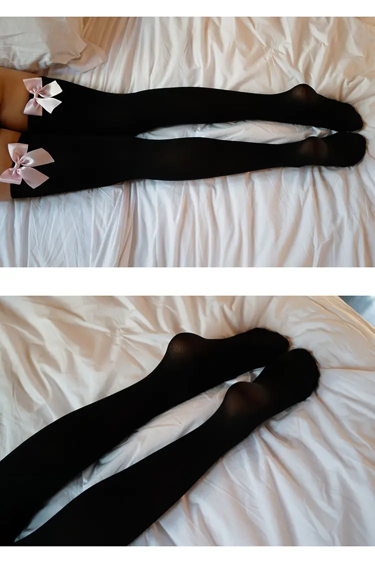 Anime plays Japanese jk high school girls lovely sexy black & pink over knee bowknot stockings uniform temptation