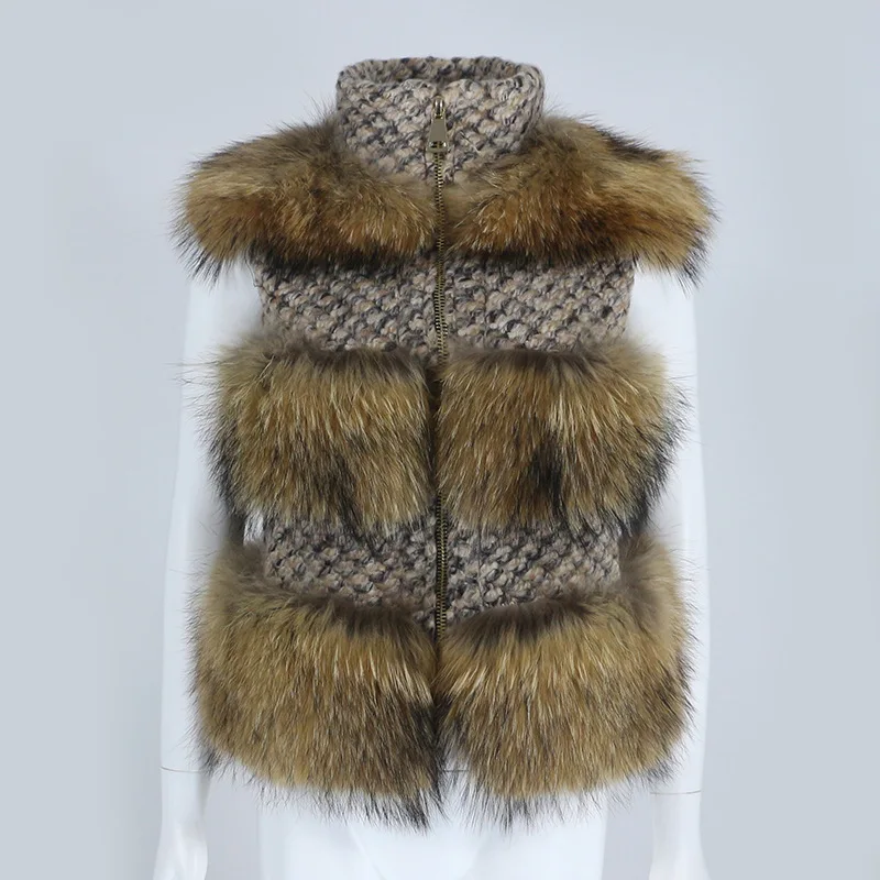 2021 New Fashion Stand-up Collar Real Fur Coat Vest Winter Jacket Women Natural Raccoon Fur Wool Weave Coat Outerwear Streetwear