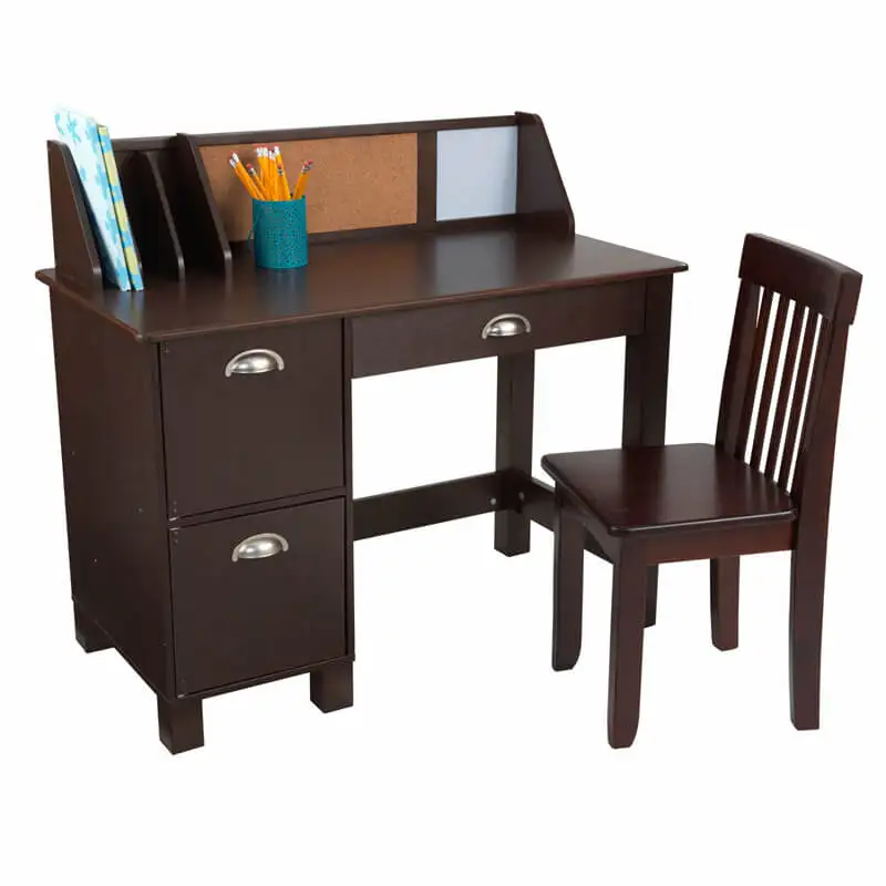 Wooden Study Desk With Chair - Espresso, Drawers, Extra Storage, Handles, Kids School Students Desk