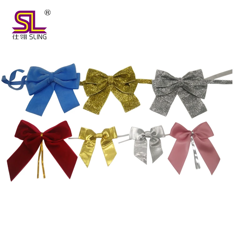 Pre Tied Polyester Satin Ribbon Bows With Gold Twist Tie For Gift Candy Chocolate Plastic Bag or Box Wrapping
