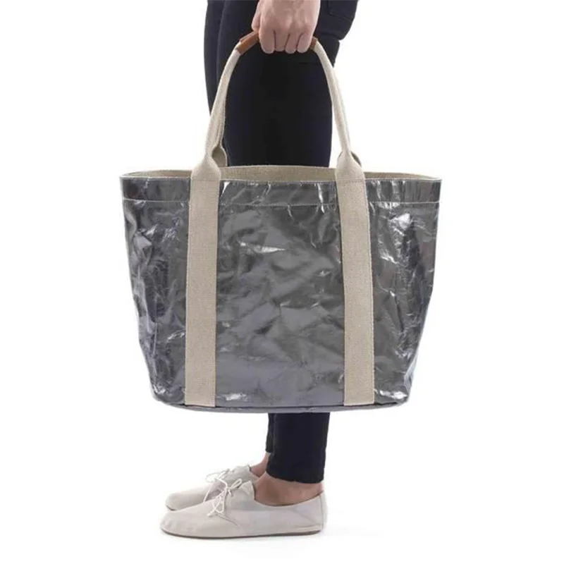 Eco Friendly Leisure Washable Kraft Paper Silver Metallic Tote Bag With Custom Printed Logo
