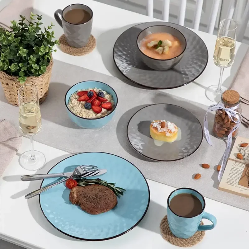 Hot-selling  Home Restaurant Stoneware Tableware Set Family Ceramic Tableware Embossed Dinner