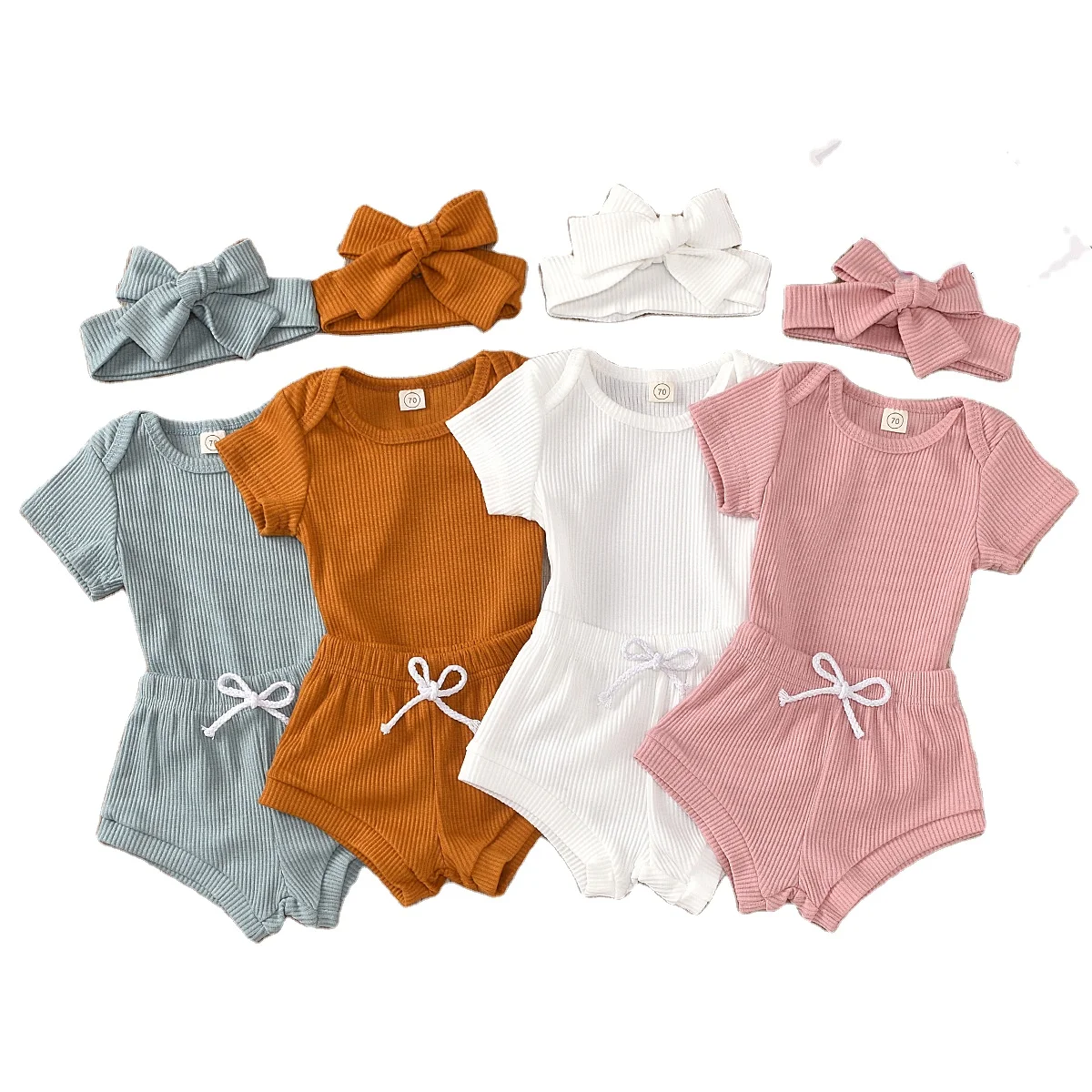 Custom OEM ODM Toddler  Boys Ribbed Cotton Short Sleeve Romper  Draw String Short Outfits Baby Girl Clothes Set